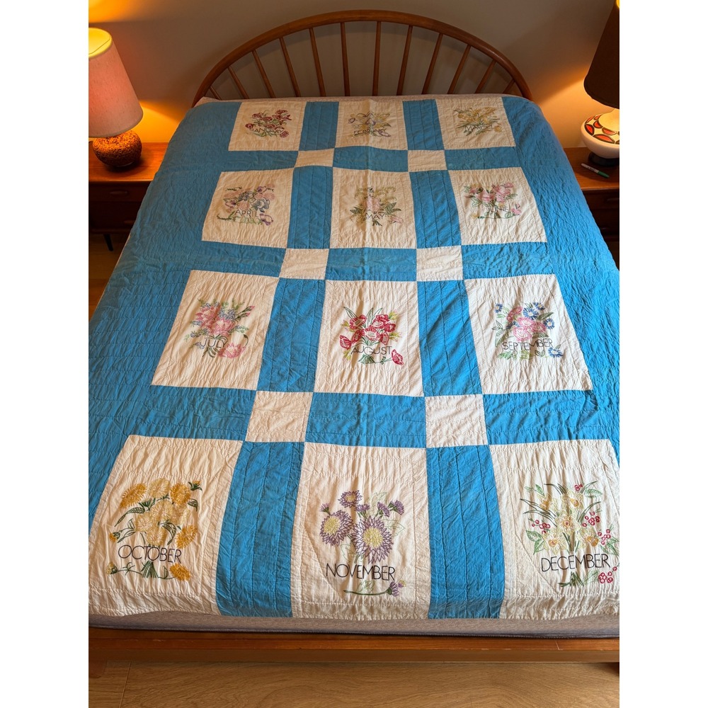 Vintage Handmade Floral Calendar Quilt Embroidered Months Blue White 64x78